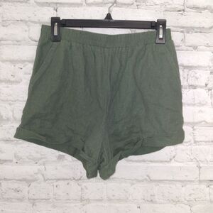 Forever 21 Shorts Womens Small Green Flat Front Cuffed Elastic Waist Linen Blend